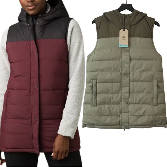 New! Prana Ice Thistle Reversible Duck Down Feather Puffer Hooded Winter Vest - Picture 1 of 14
